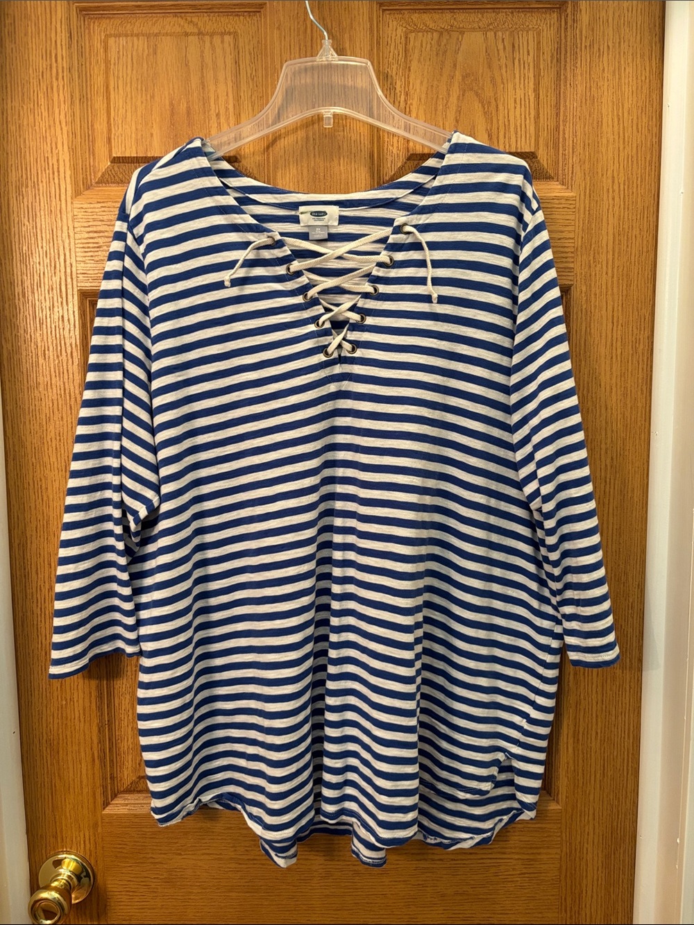 Old Navy Blue and White Striped Lace-Up 3/4 Sleeve Top